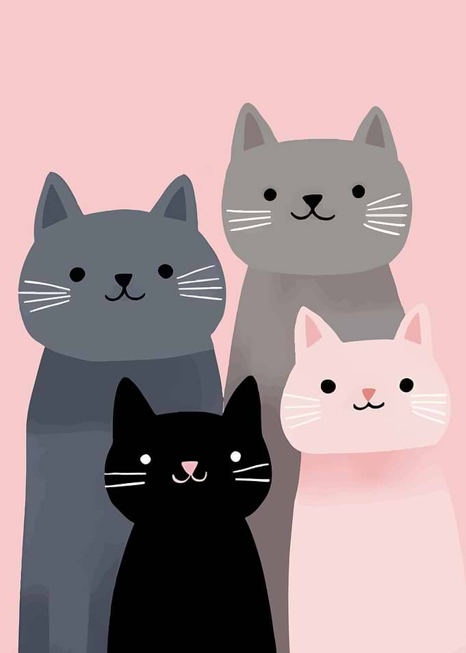 Four Cute Cartoon Cats on Pink Background