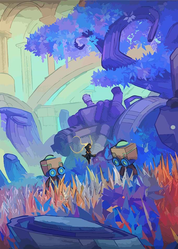 Futuristic Robots and Character in Alien Landscape