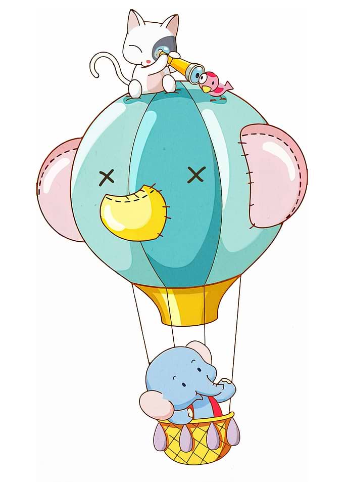 Cute Elephant and Cat in Hot Air Balloon
