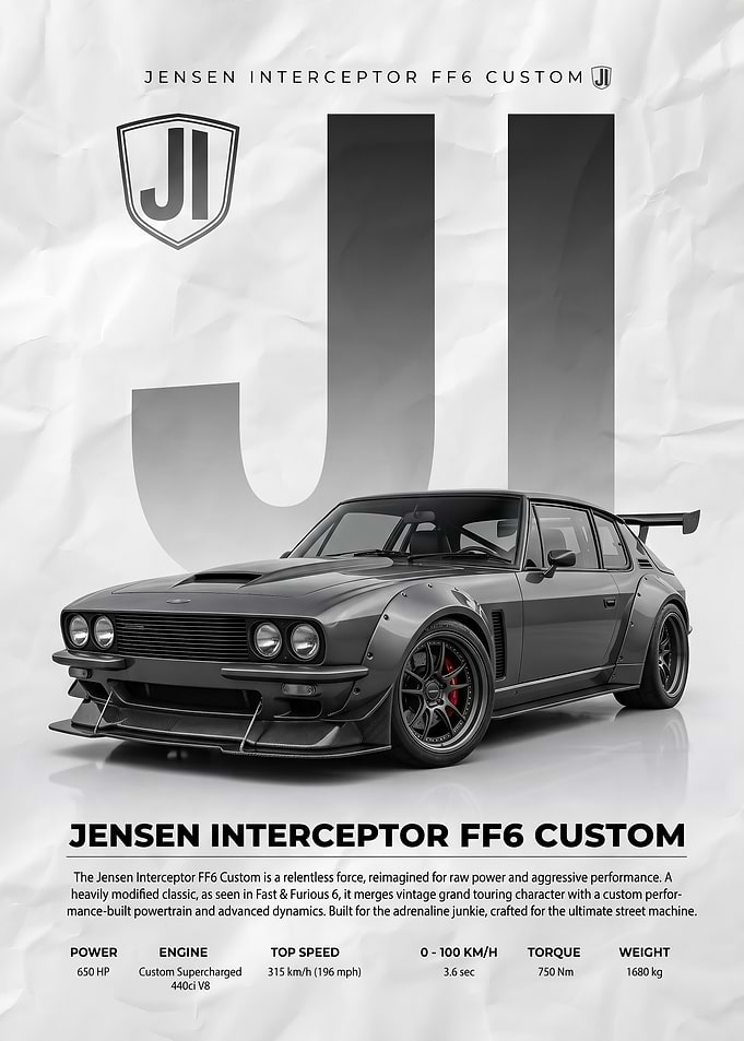 sleek gray Jensen Interceptor FF6 Custom Car poster