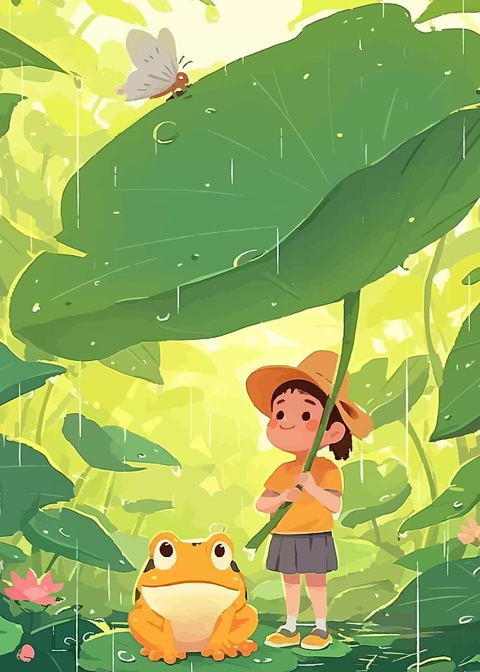 Child and frog under a leaf in the rain