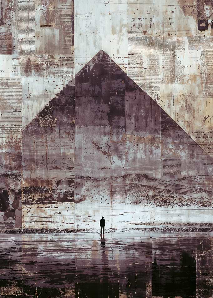 Man Standing Before Newspaper Pyramid