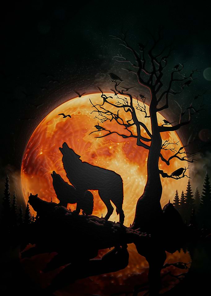 Wolves howling at a fiery moon