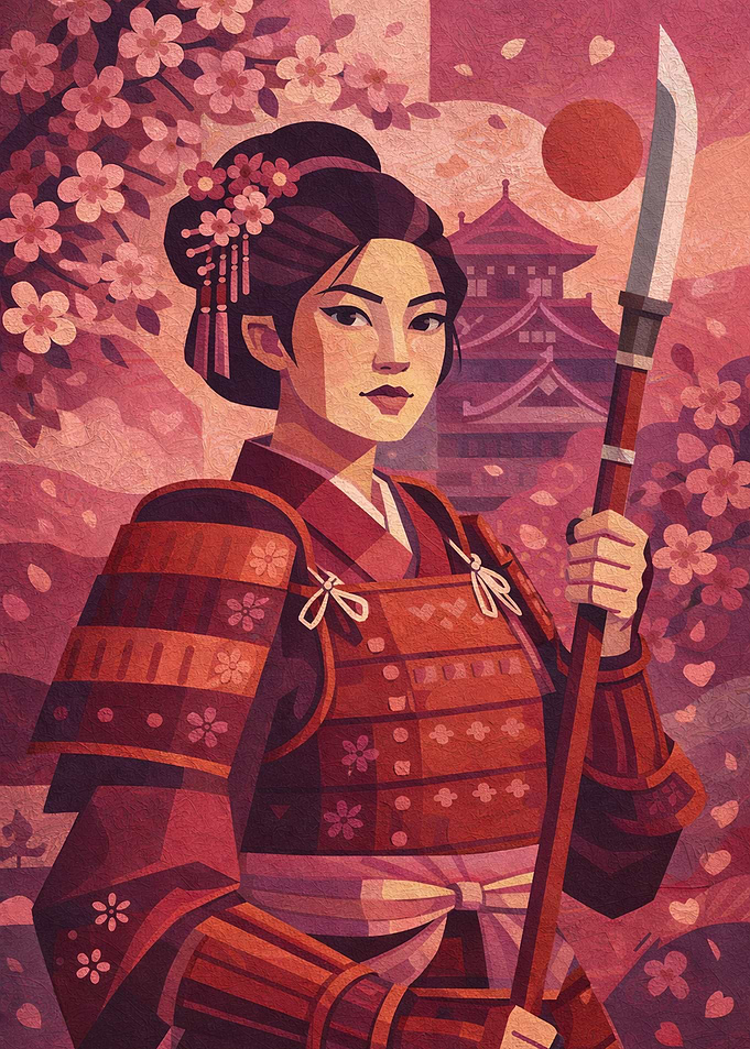Samurai Woman with Spear and Cherry Blossoms