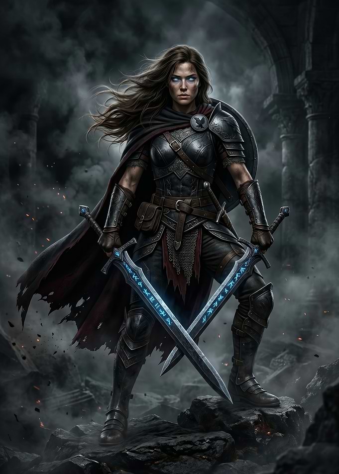 Warrior Woman with Glowing Swords