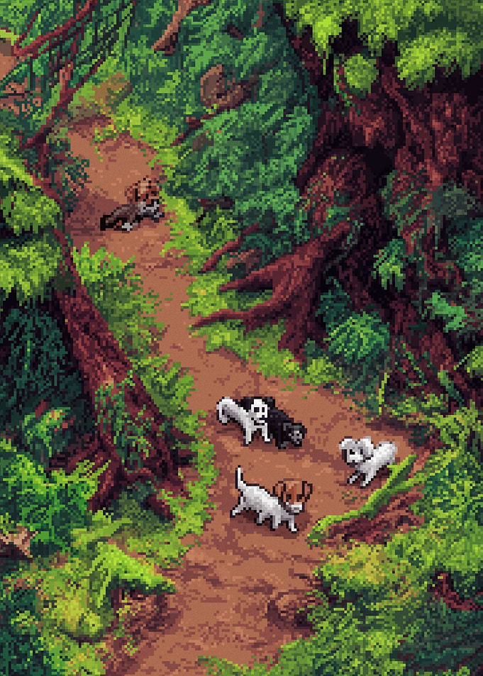 Pixel Art Dogs in a Forest Path