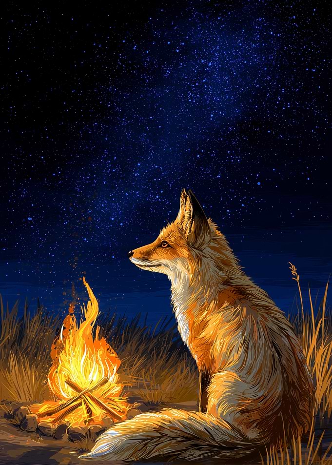 Fox by Campfire Under Stars