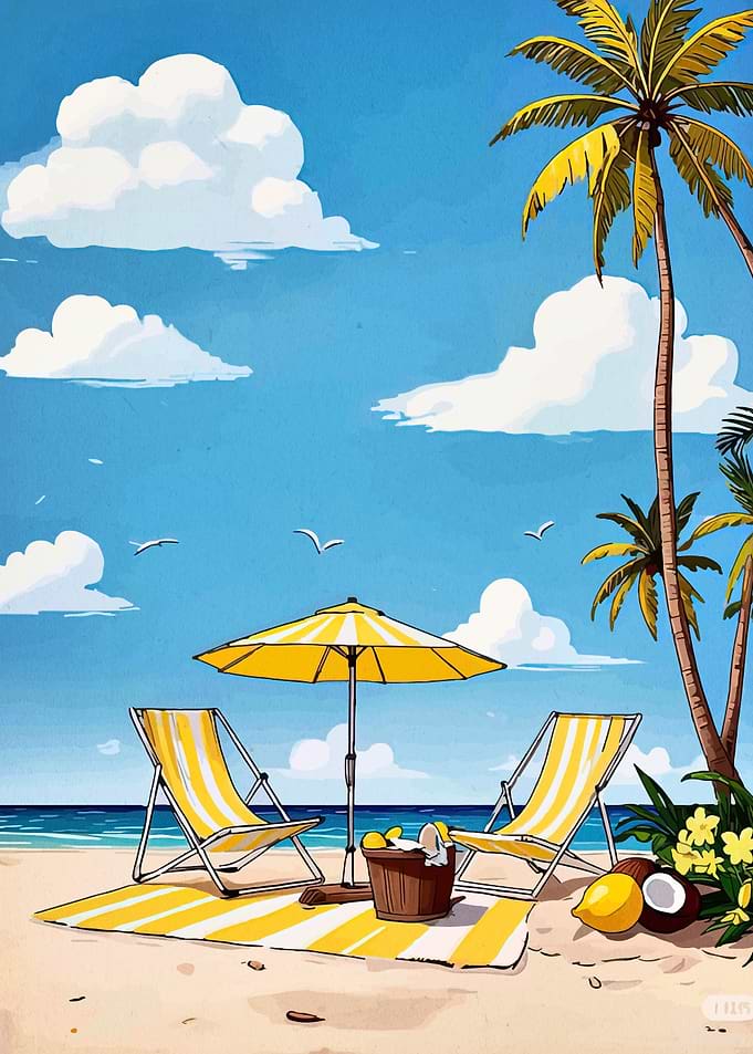 Tropical Beach Scene with Lounge Chairs