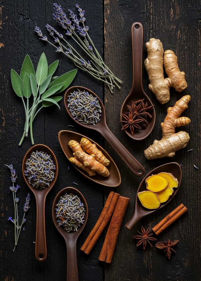 Herbs and Spices on Dark Wood