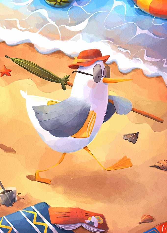 Seagull on a Beach with Umbrella