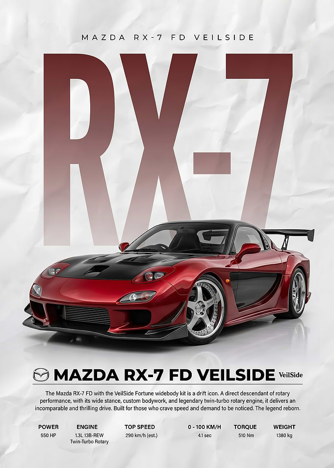 sleek red Mazda RX-7 FD Veilside car Poster
