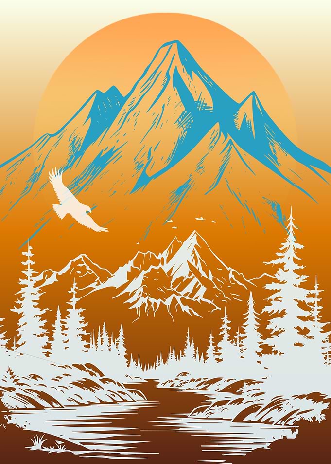 Eagle soaring over mountains at sunset