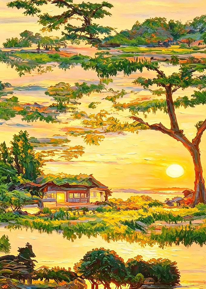 Japanese Landscape Painting at Sunset