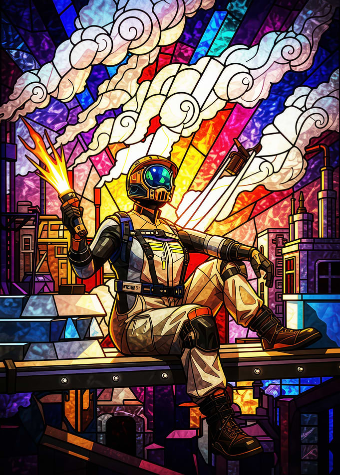 Astronaut in Stained Glass Cityscape Satisfactory