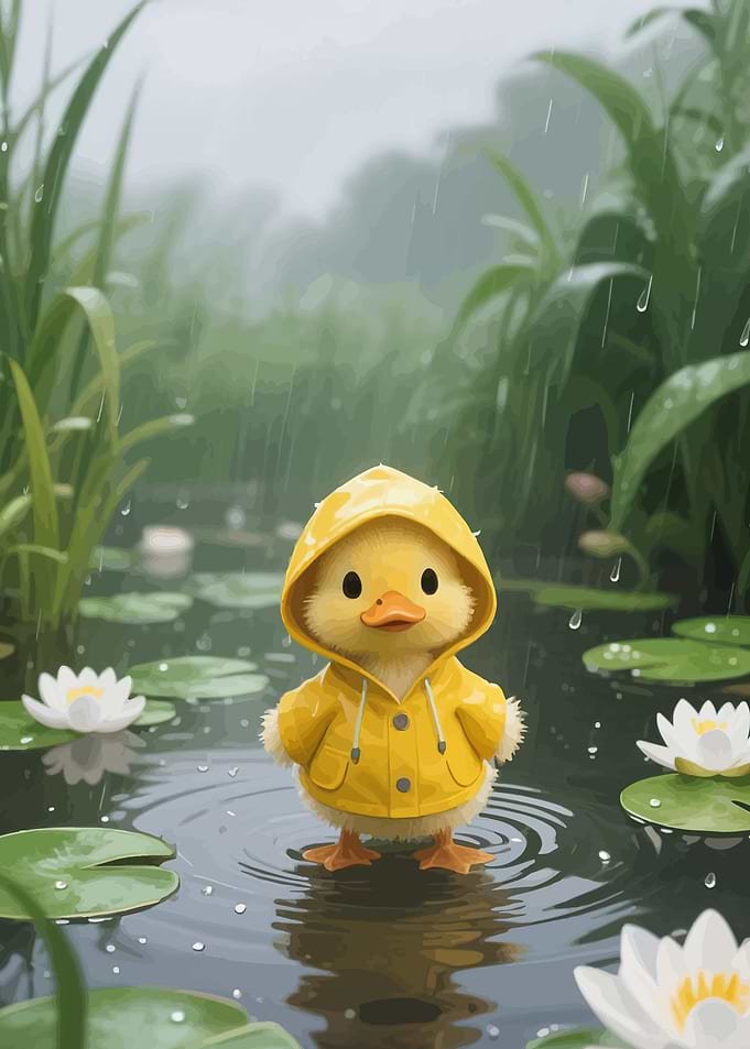 Cute Duckling in Yellow Raincoat in the Rain