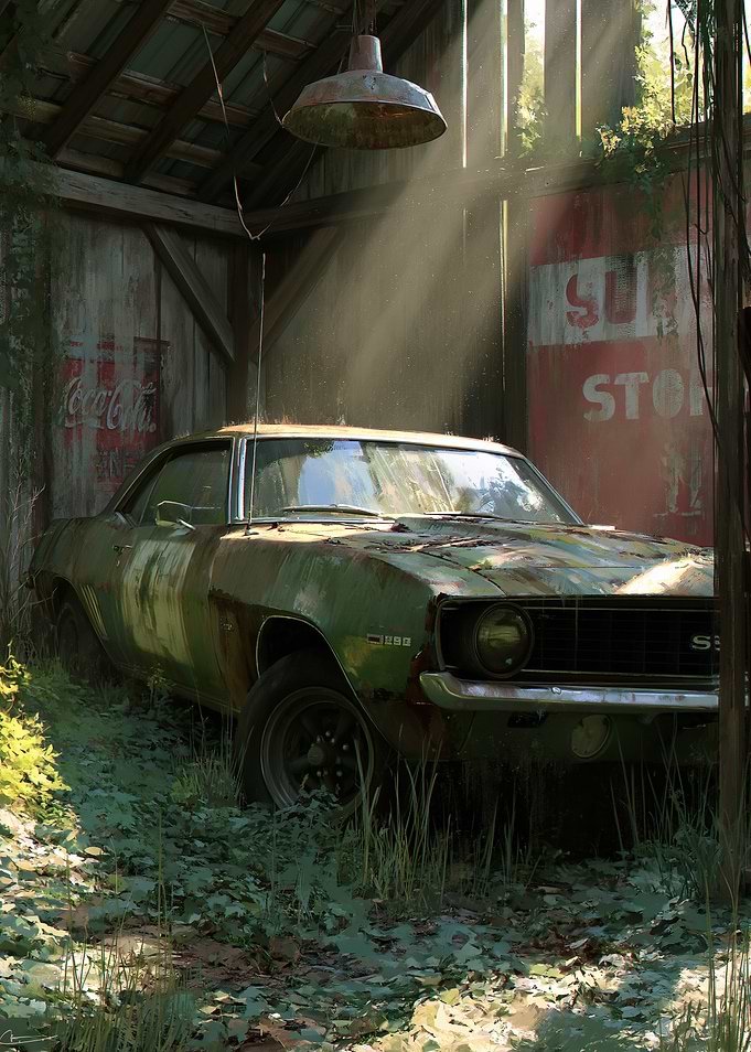 Abandoned Classic Car in Barn