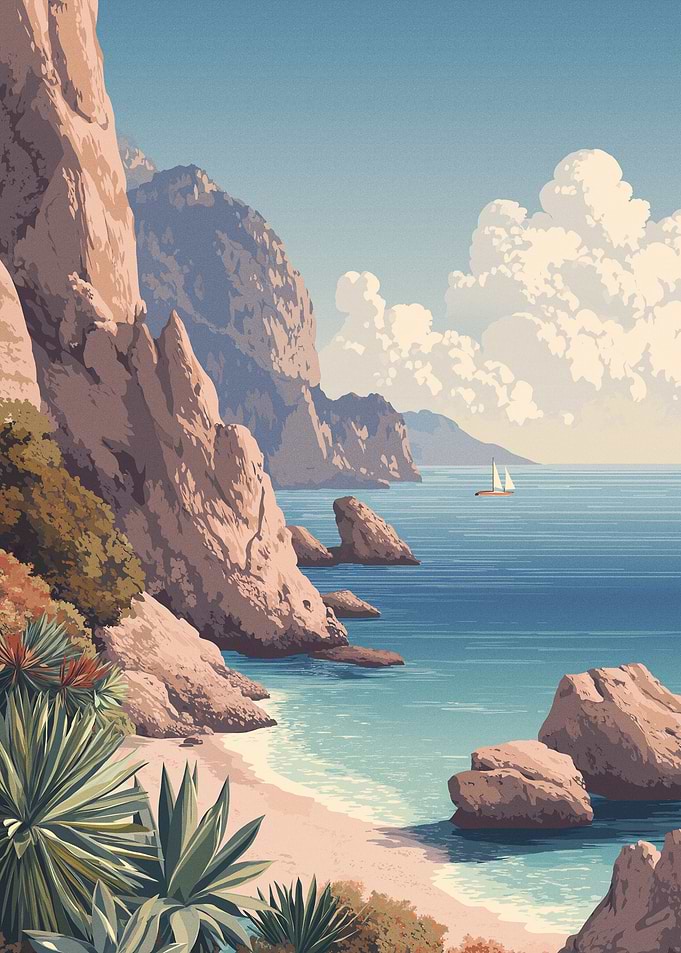 Coastal Cliffs and Sailboat