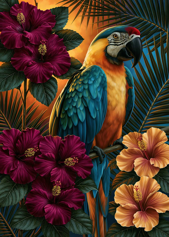 Macaw Parrot with Hibiscus Flowers