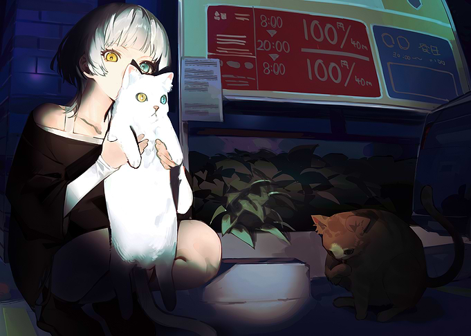 Girl with Cats at Night