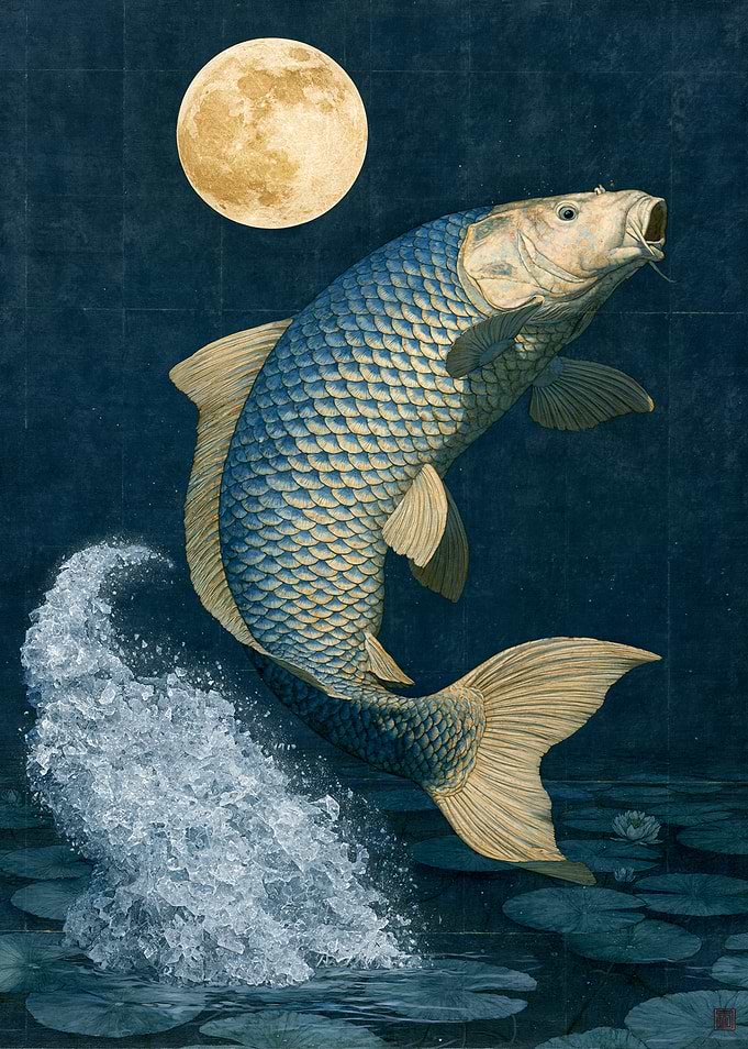 Koi fish leaping towards the moon