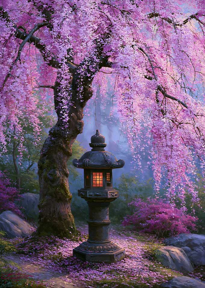 Enchanting Japanese Garden with Cherry Blossoms