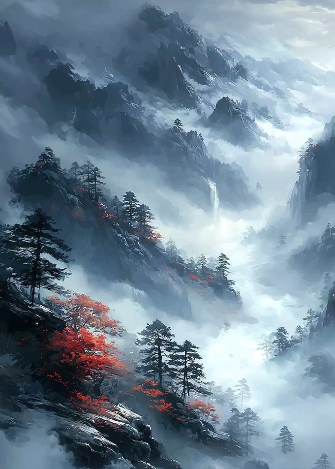 Misty Mountain Landscape with Red Foliage