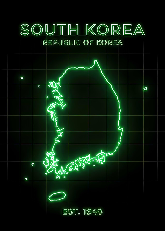 Neon South Korea Map with Futuristic Digital Grid Background (ETS 1948) Neon Green
