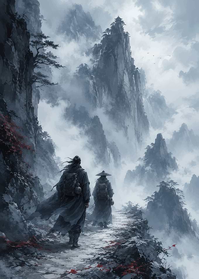 Two travelers in misty mountains