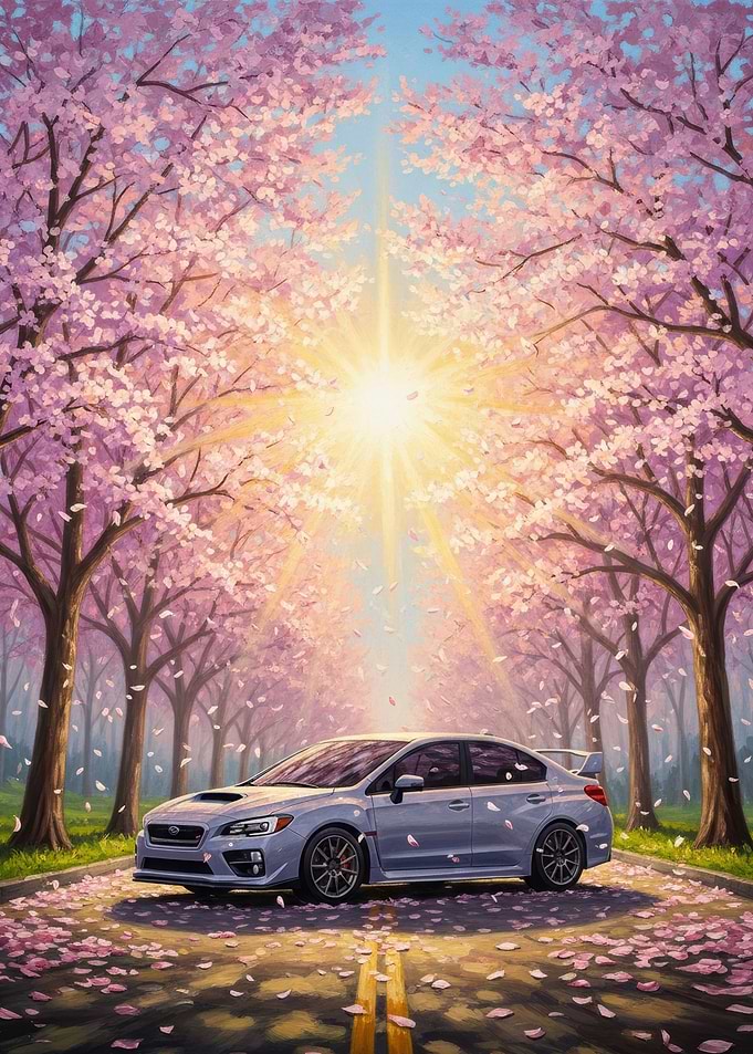 Subaru WRX STI in Cherry Blossom Tunnel