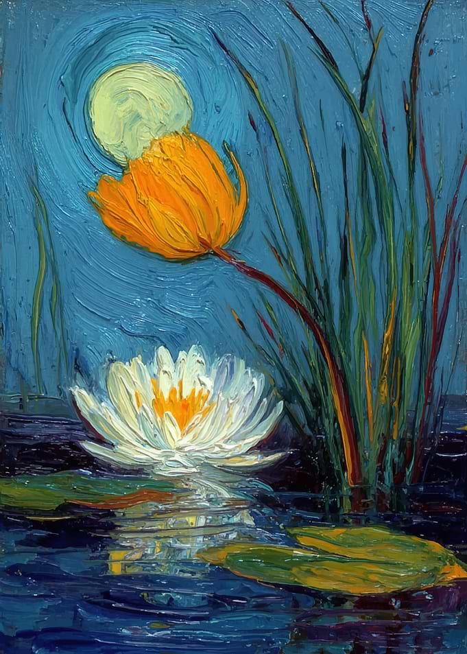 Water Lily and Orange Flower Under Moon