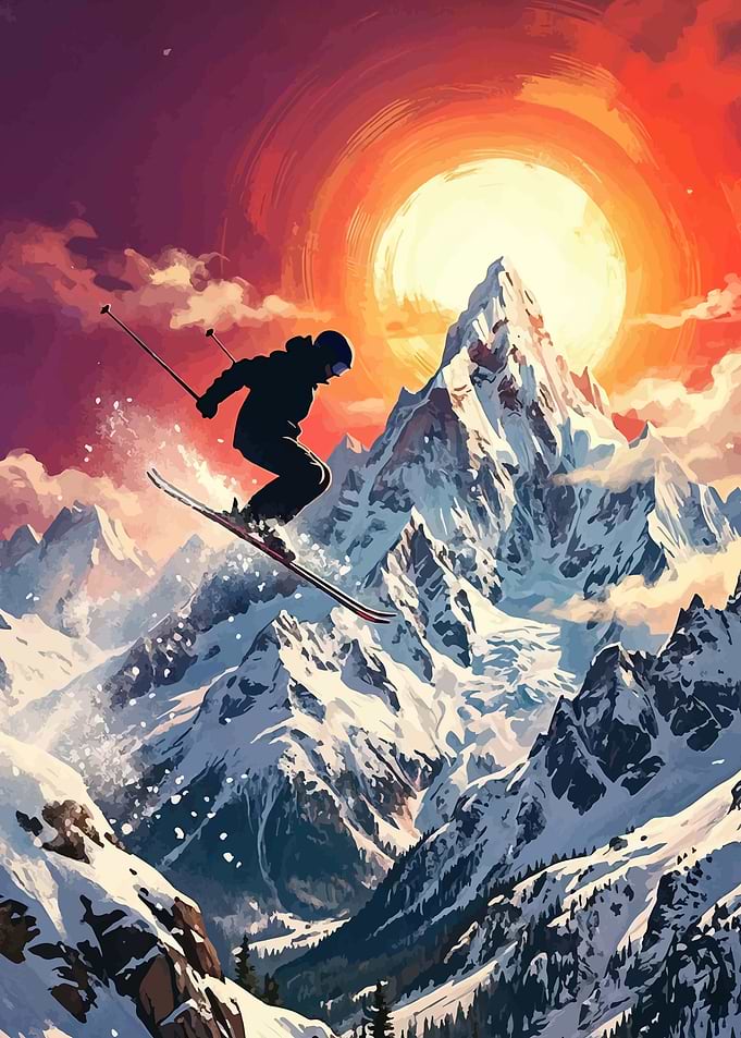 Skier jumping against a sunset mountain backdrop
