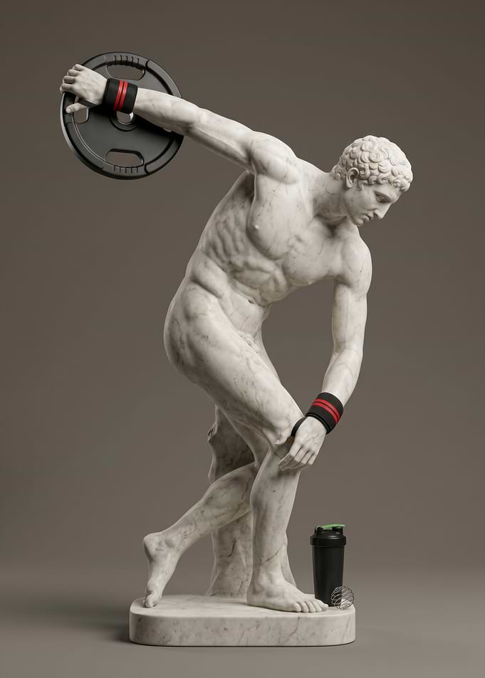 Marble Discobolus with modern gym accessories