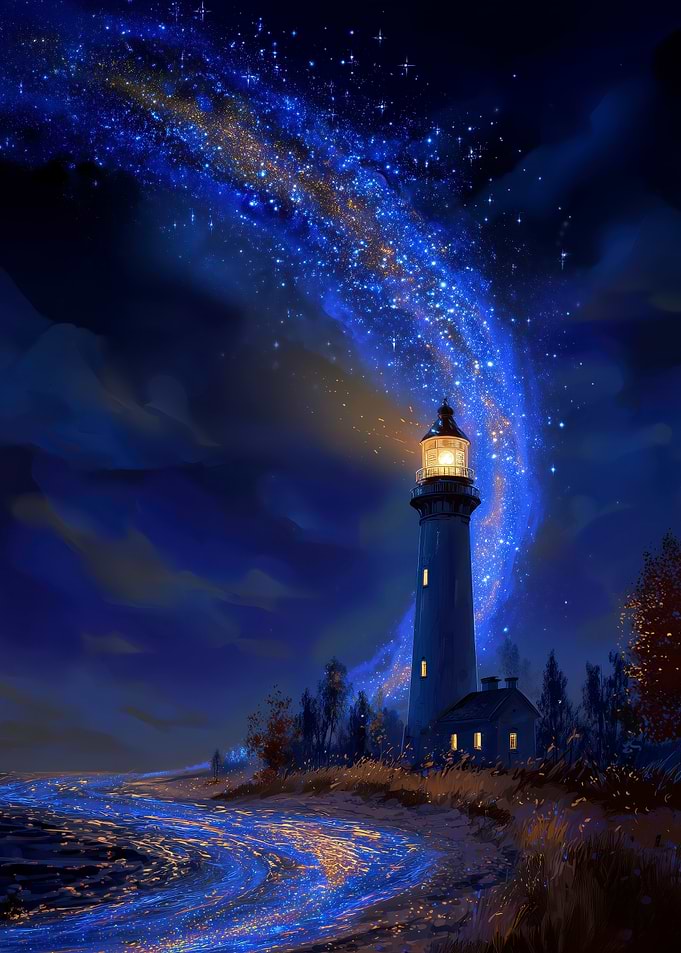 Lighthouse under a starry sky