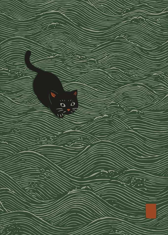 Black Cat on Wavy Green Background