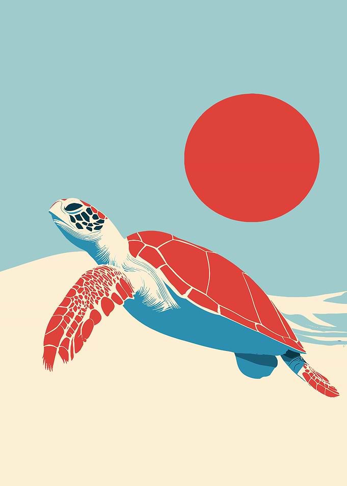 Sea Turtle Swimming Under a Red Sun