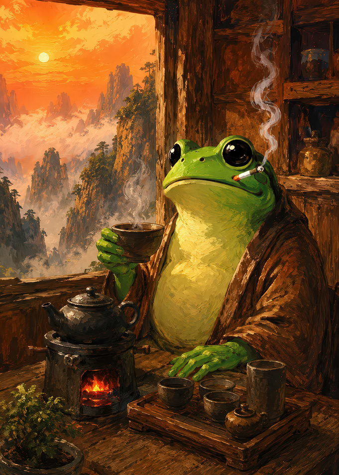 Frog Enjoying Tea and Cigarette