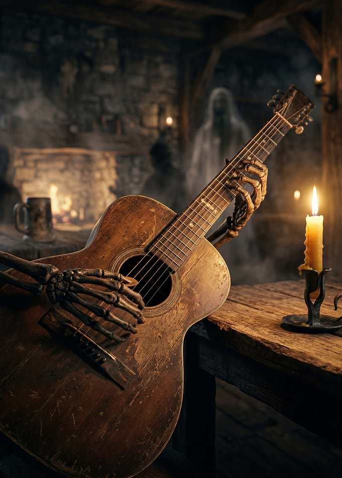 Skeleton playing guitar in a haunted tavern