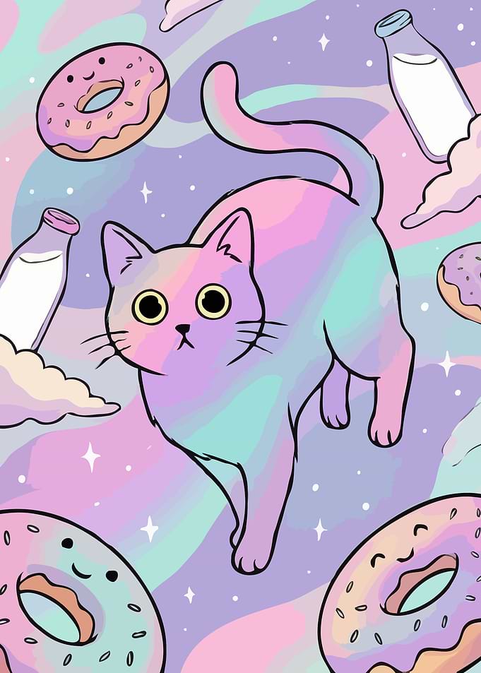 Rainbow Cat with Donuts and Milk