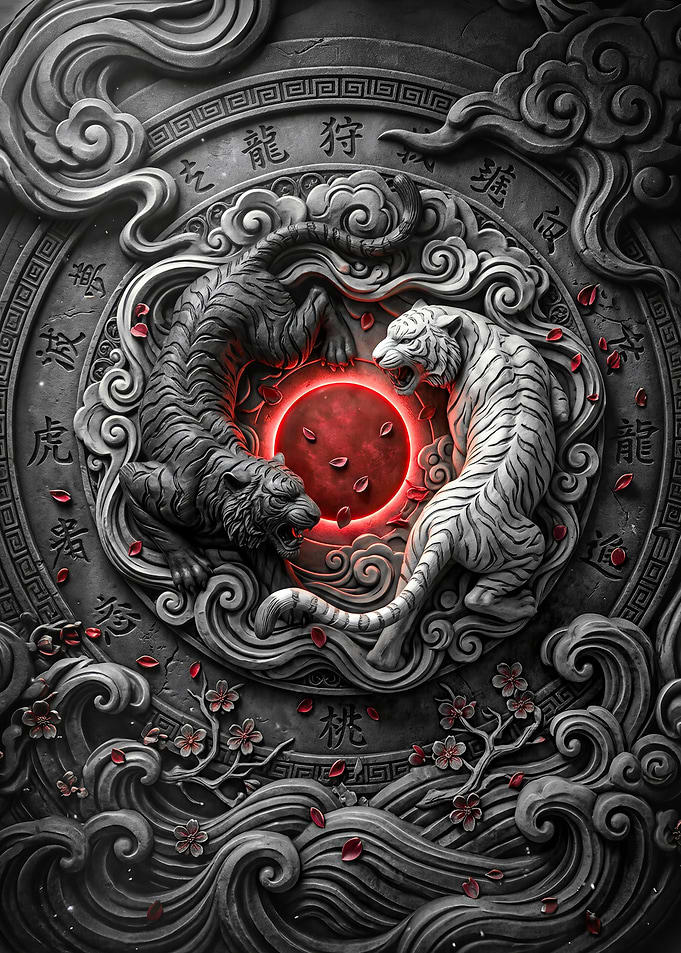 Yin Yang Tigers with Red Sun Relief Stone