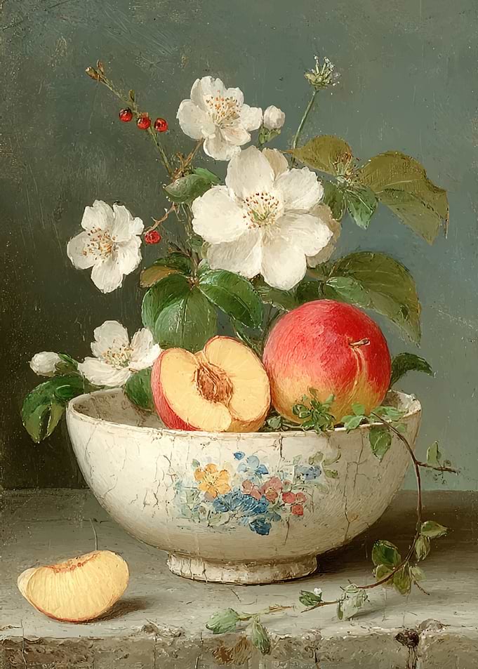Still Life of Peaches and White Flowers