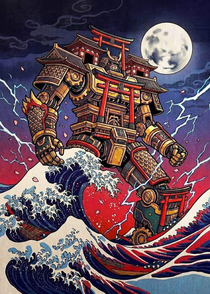 Giant Robot Samurai in Waves