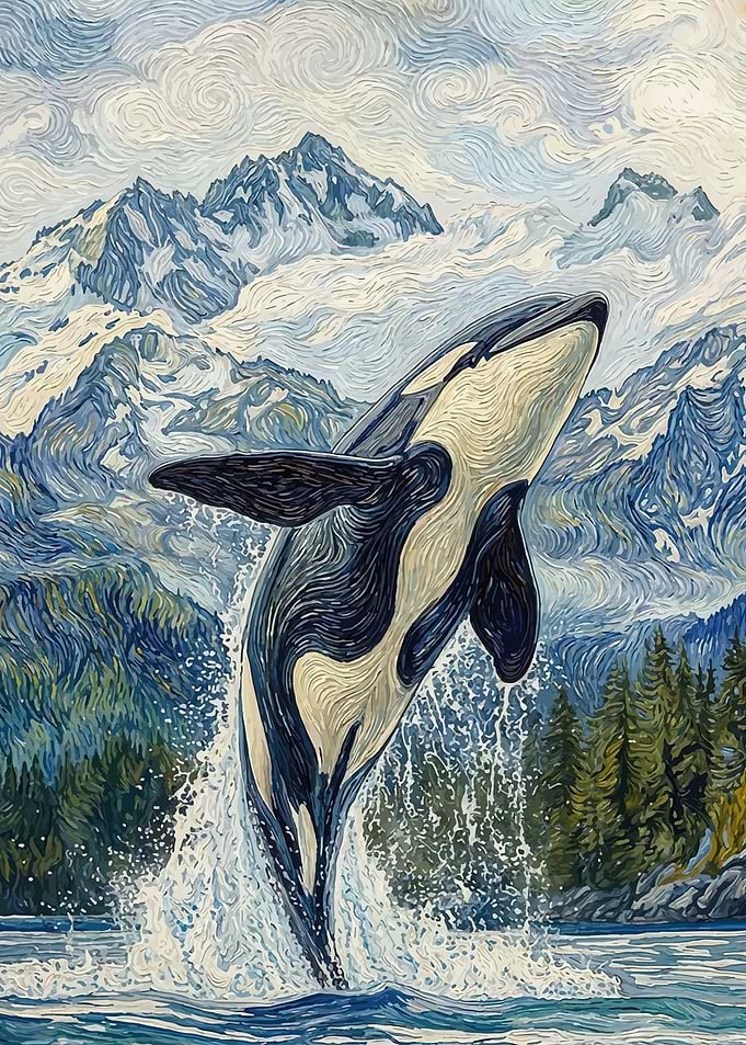 Orca breaching in a mountain landscape