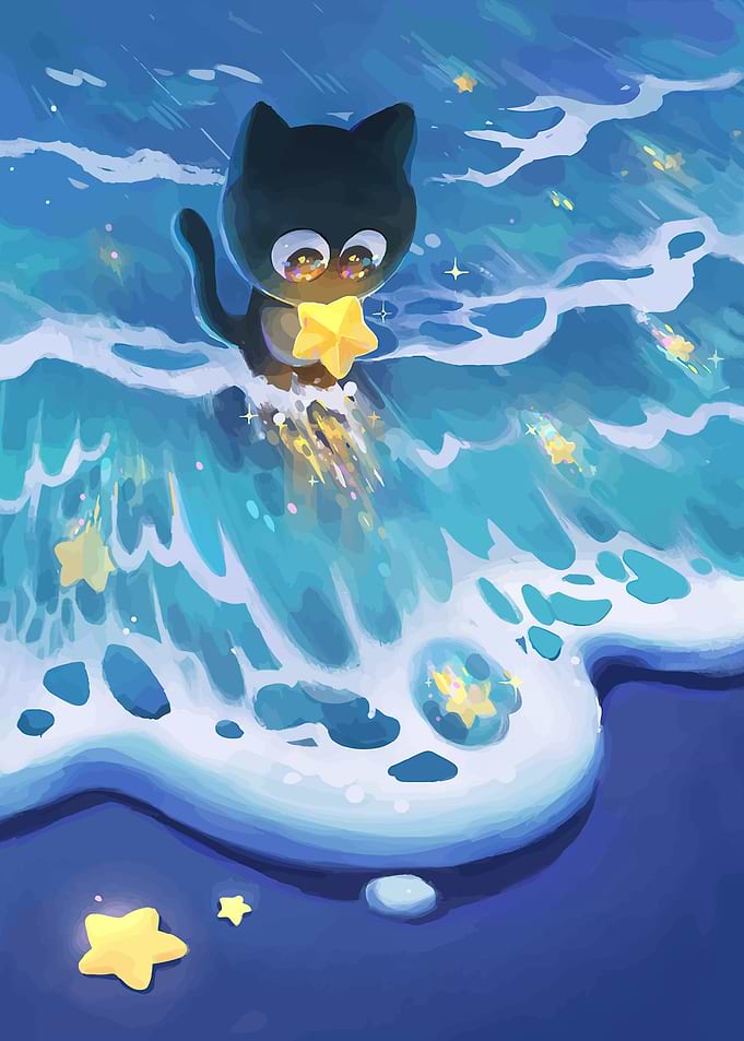 Cute Cat Catches Star in Ocean Waves