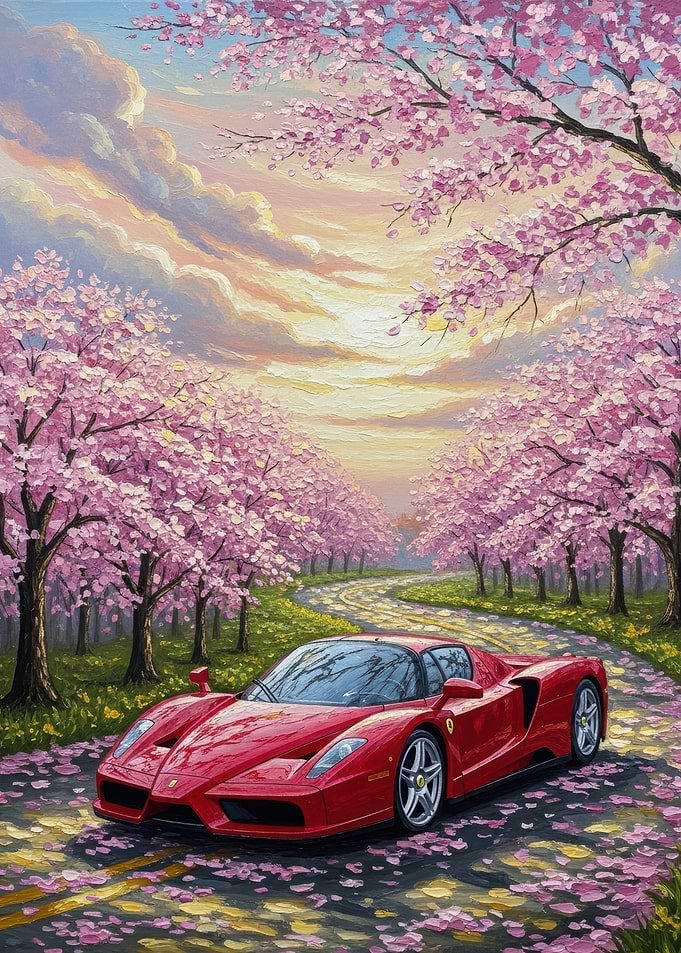 Red Ferrari on Cherry Blossom Road