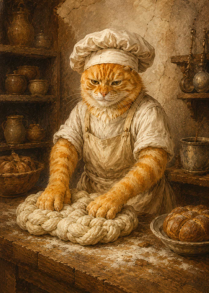 Anthropomorphic Cat Baker Kneading Dough