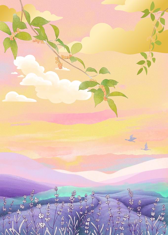 Lavender Field Sunset with Birds