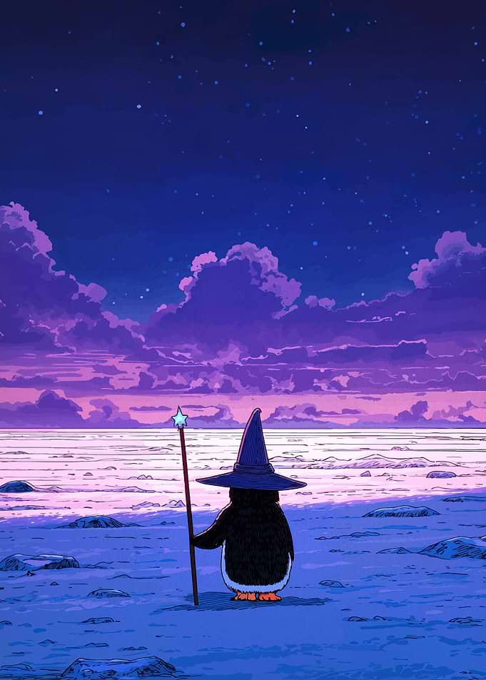 Penguin Wizard Under Starry Sky