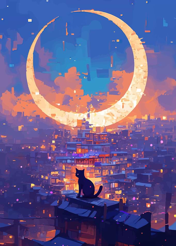 Black cat on rooftop under crescent moon