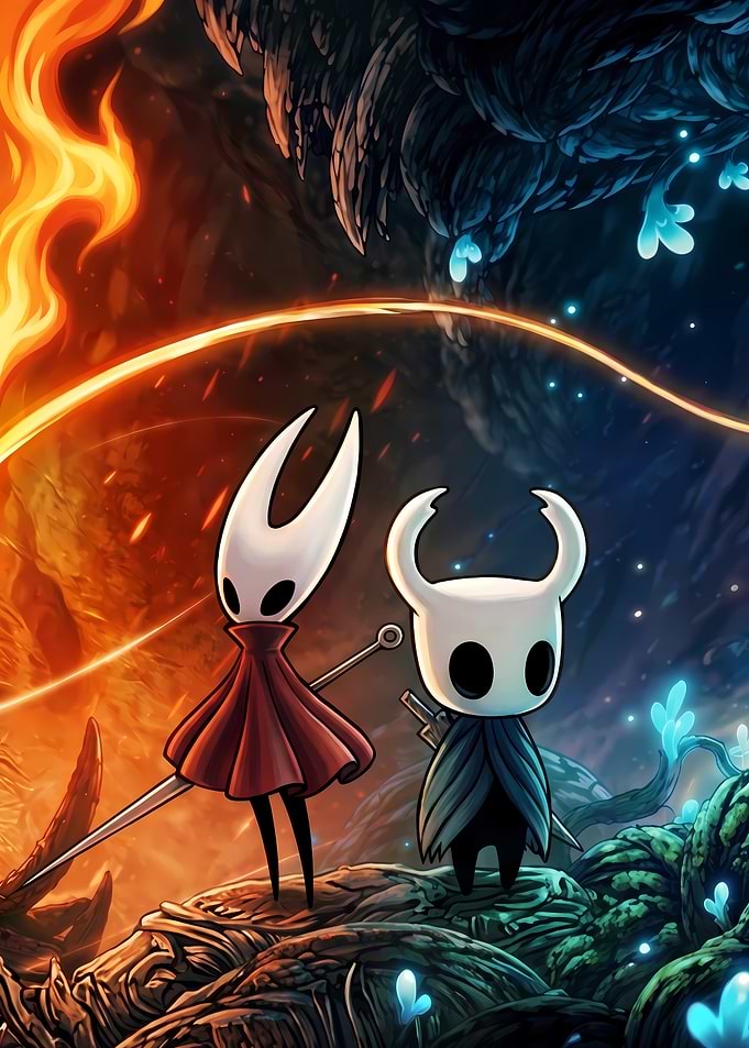 Hollow Knight Characters in Fiery and Icy Landscape