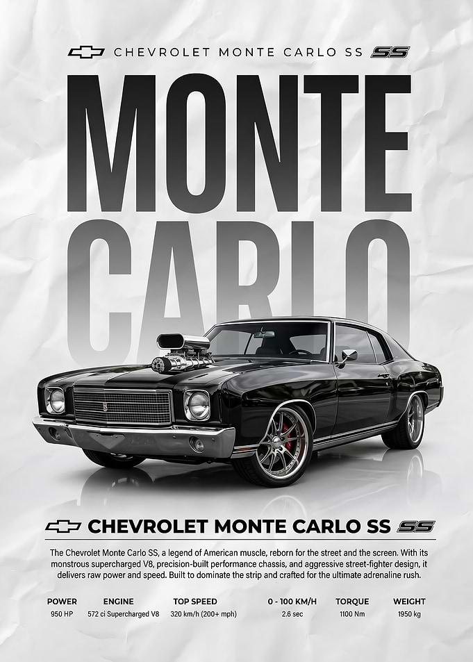 A striking 70 muscle black Chevrolet Monte Carlo SS car Poster